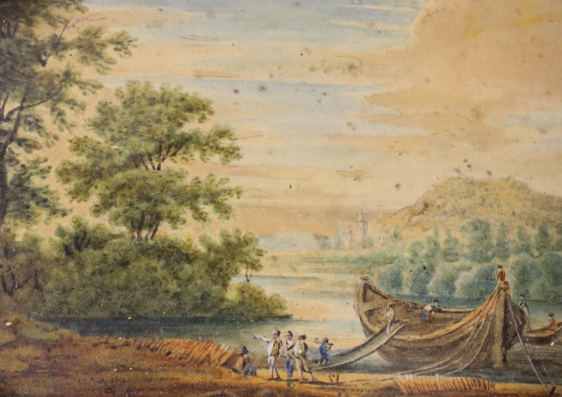 Early 19th century English School, pencil and watercolour, Portrait of a gentleman, indistinctly inscribed and dated 1831, together with a 19th century heightened watercolour, River landscape with boat, ornate gilt frame